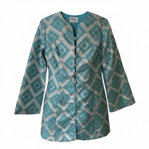 Ronda Roy Montreal Vintage 60s Geometric Metallic Turquoise Silver Blazer Size S
